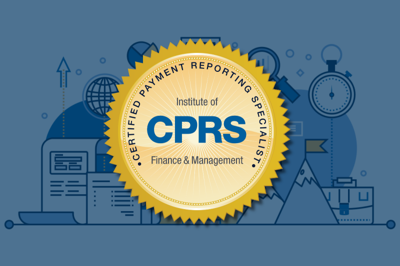 Certified Payment Reporting Specialist Seal (CPRS) in front of an animated background